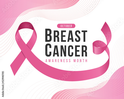 Breast cancer awareness month text in pink ribbon roll around frame on soft pink abstract line curve texture background vector design