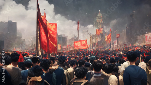 Chinese Cultural Revolution. Huge Protest March, Demonstration in China. Thousands of People photo
