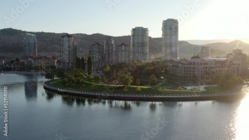 Aerial of Downtown Kelowna, Okanagan, British Columbia at sunrise