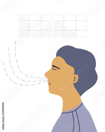Side view of a teenage boy, he manage his stress an anxiety by breathing. Flat vector illustration.