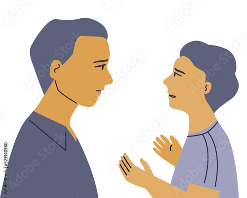 A stress boy talking to his father for find out the ploblem. talking theraphy concept. flat vector illustration. photo