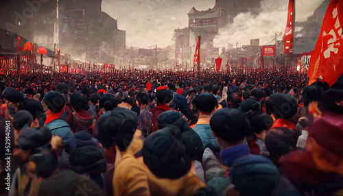 Chinese Cultural Revolution. Huge Protest March, Demonstration in China. Thousands of People, Generative AI