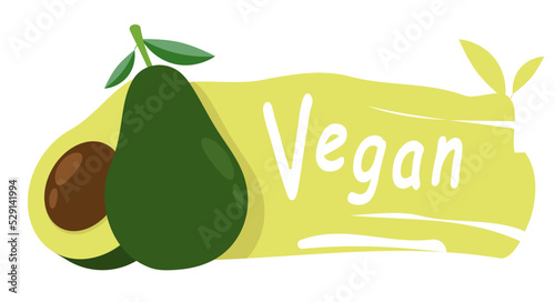 Vegan horizontal emblem for vegan food shop sign design. Icon with avocado and smeared fruit juice. Tag for cafe, restaurant and packaging. Vector