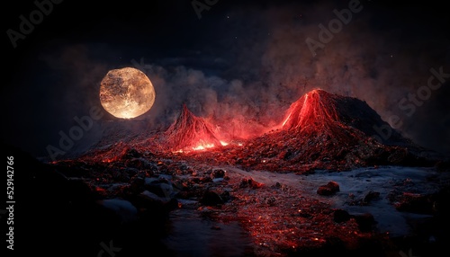 Volcano with red glowing magma in a crater under a starry sky with a full moon. photo