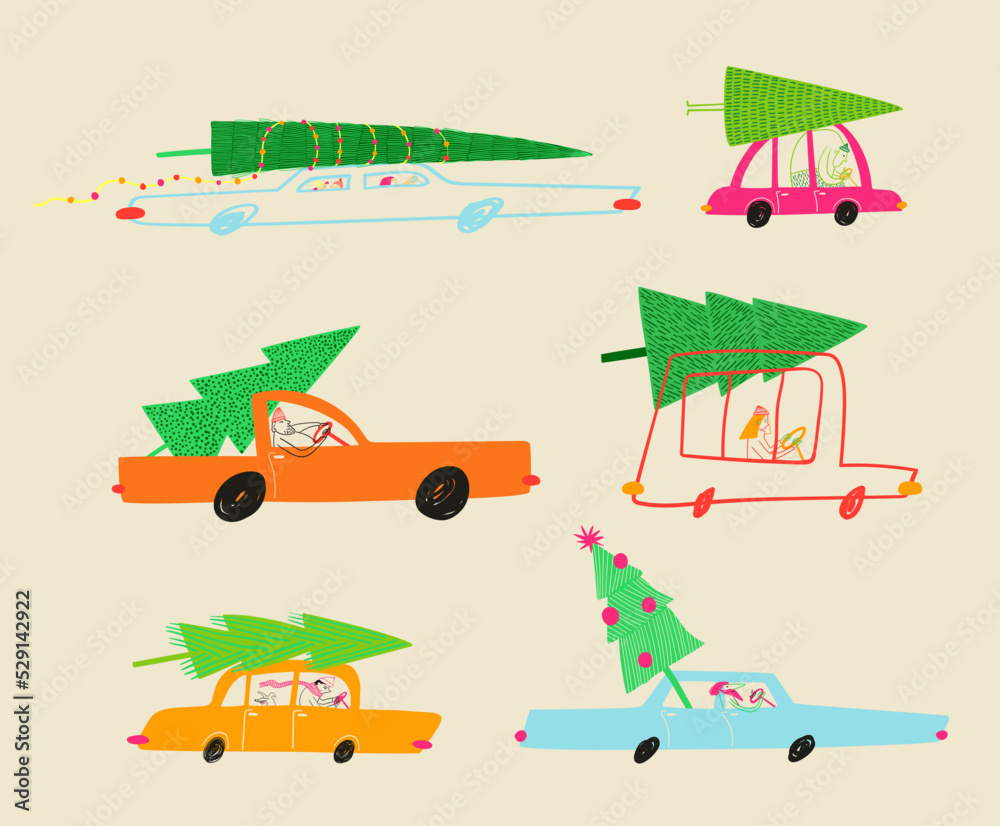 Set of cars delivering Christmas tree