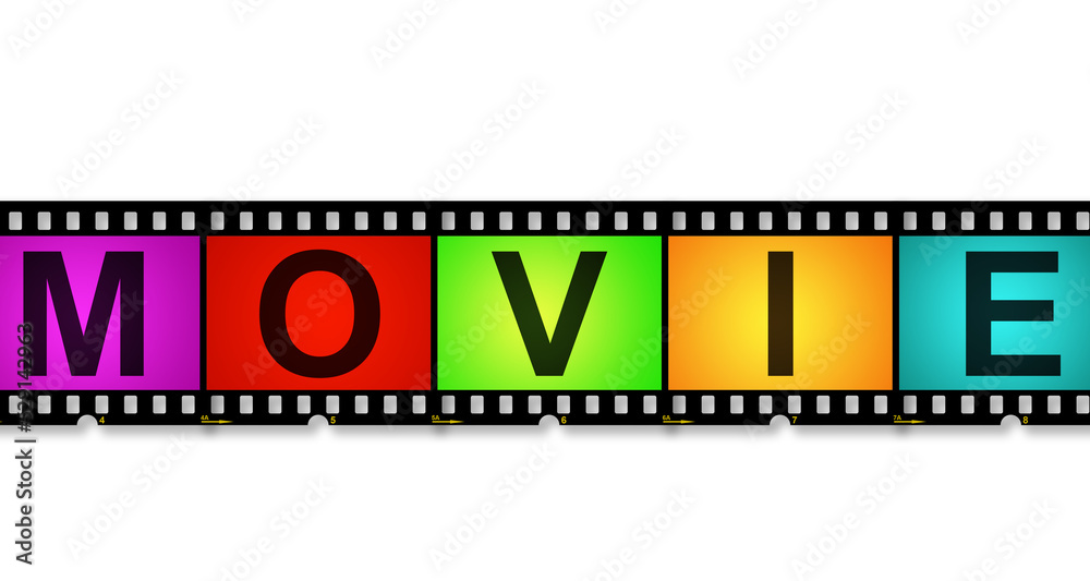 Colorful film strip with movie word,