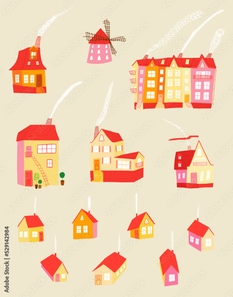 Set of cute isolated house illustrations