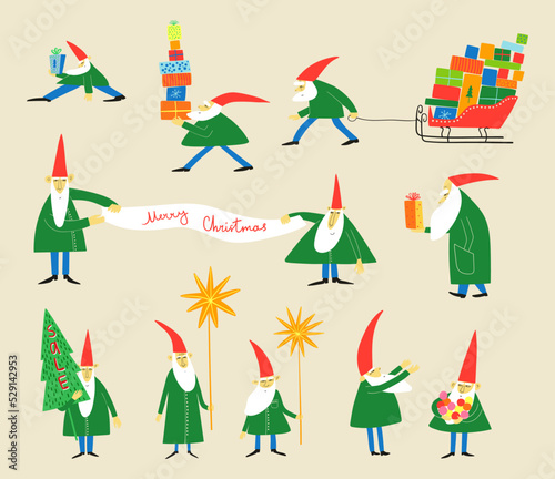 Christmas set of cute isolated gnome characters