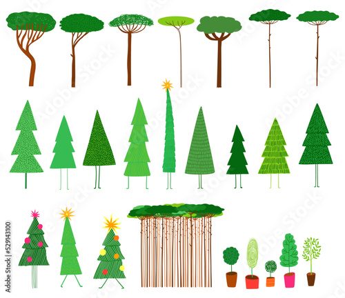 Set of cute isolated different tree illustrations