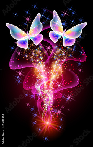 Fantastic butterflies and magical curving transparent waves with glowing stars on night dark background