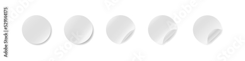 White tags, paper round stickers with peeling corner. Mockup empty circle sticky label. 