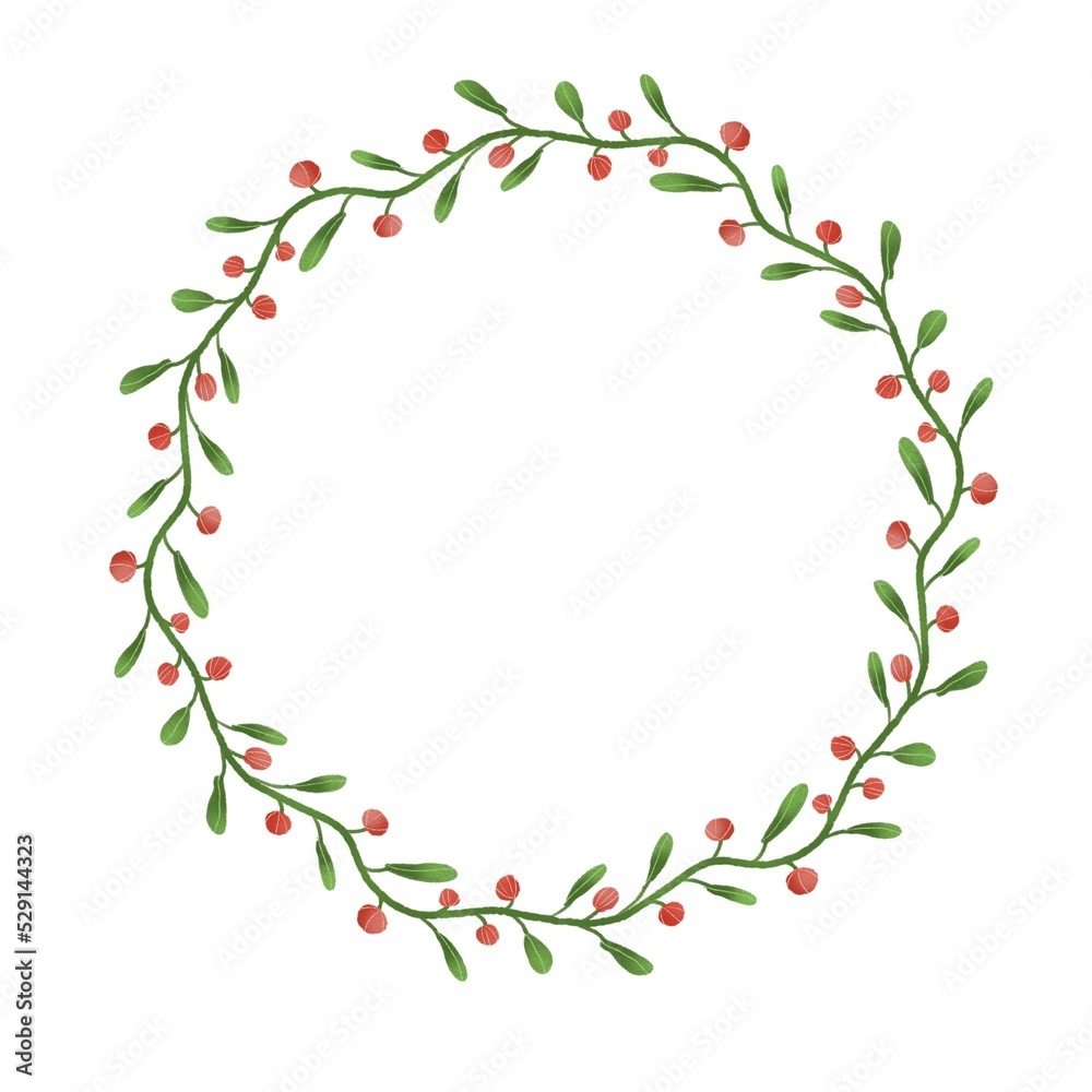 Floral round frame isolated on white background. Frame with green leaves and red berry. Wildlife botany elements wreath.
