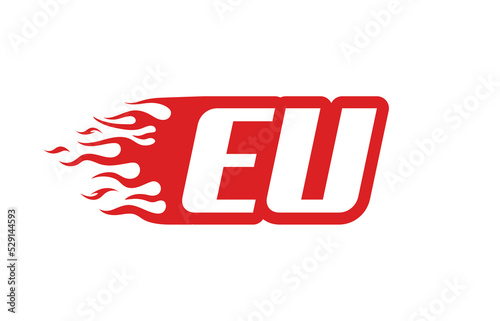 Letter EU or E U fire logo vector illustration in red and white. Speed flame icon for your project, company or application.