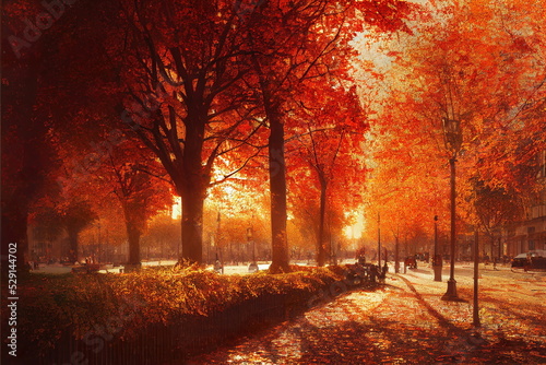 autumn in the park, autumn in the city, beautiful warm color autumn background, digital illustration, serious digital painting, cg artwork, book illustration