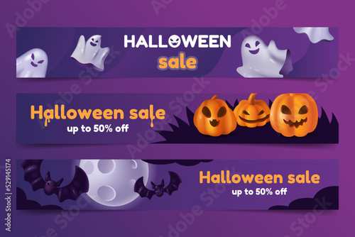 Set of halloween sale horizontal banners with pumpkins, ghosts and bats