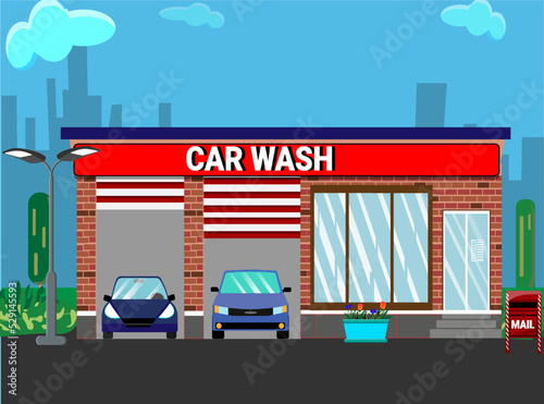 Car wash station and cars on city background. Flat style, vector illustration.