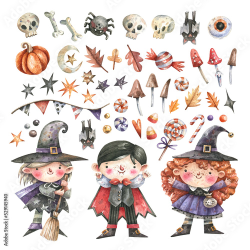 Collection of halloween characters and elements in cartoon style. Vampire, witches, bones, autumn leaves, pumpkins, skulls and bones watercolor illustrations on a white background.
