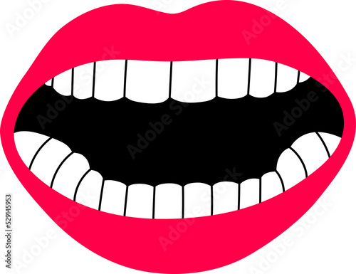 Open female human mouth with teeth in modern flat, line style. Hand drawn vector illustration of lips, open mouth, whispering, screaming, singing, talking, podcast. Fashion patch, badge, emblem.	
