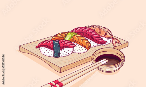 Sushi set of rolls, ebi, sake, red fish nigiri and shrimp, with wasabi, ginger, soy sauce, on a black plate with chopsticks, traditional Japanese cuisine