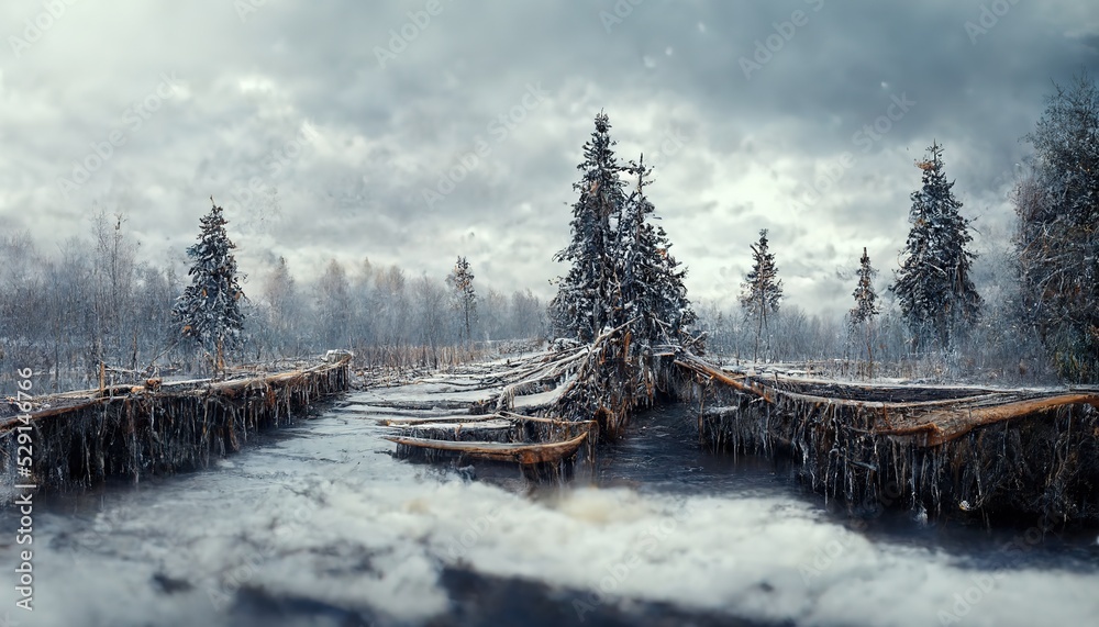 Old canoes moored to icy piers on lake near fir forest - obrazy, fototapety, plakaty 