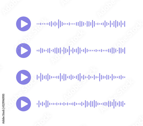 Podcast soundwave lines. Social media voice message with sound waves and play icon. Audio recording chart. Volume equalizer with spectrum noise, button. Shape of mobile talk track. Vector illustration