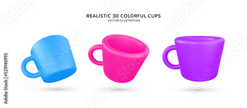 Realistic 3d colorful cups vector illustration