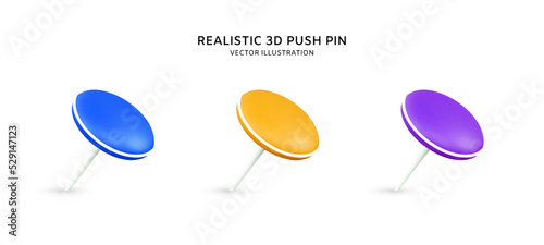 Realistic 3d colorful push pins vector illustration
