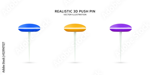Realistic 3d colorful push pins vector illustration