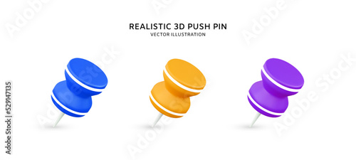 Realistic 3d colorful push pins vector illustration