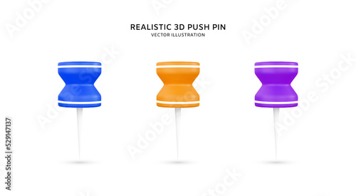 Realistic 3d colorful push pins vector illustration