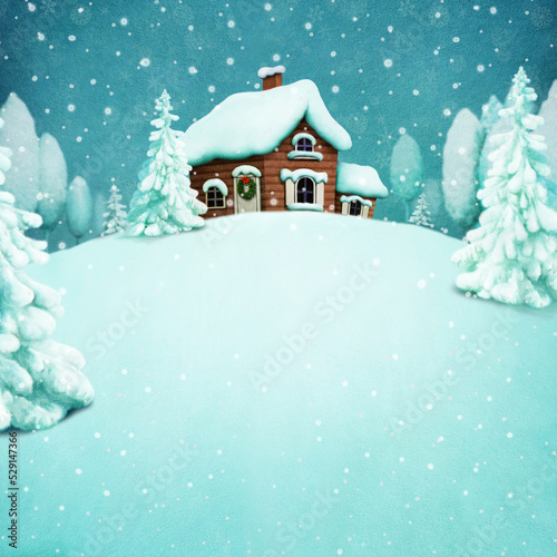 Winter background for greeting  or  invitation to the celebration of Christmas and New Year. postcard or poster with a snowy forest and  hut in the forest © annamei
