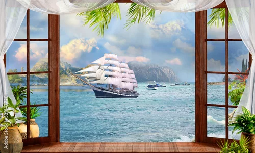 Obraz View from the window of a sailboat in the bay. Photo wallpapers. The fresco.
