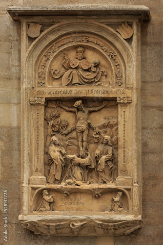 The bas-relief on the wall of the cathedral in Vienna in Austria close-up. Nice view of the religious, Gothic architecture and historical art.