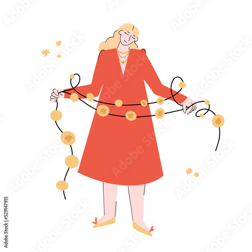 A girl with a Christmas garland in a red evening dress. Hand-drawn vector image in flat style. Festive mood. New Year holidays and Christmas tree decoration. Christmas party. Bengal lights.