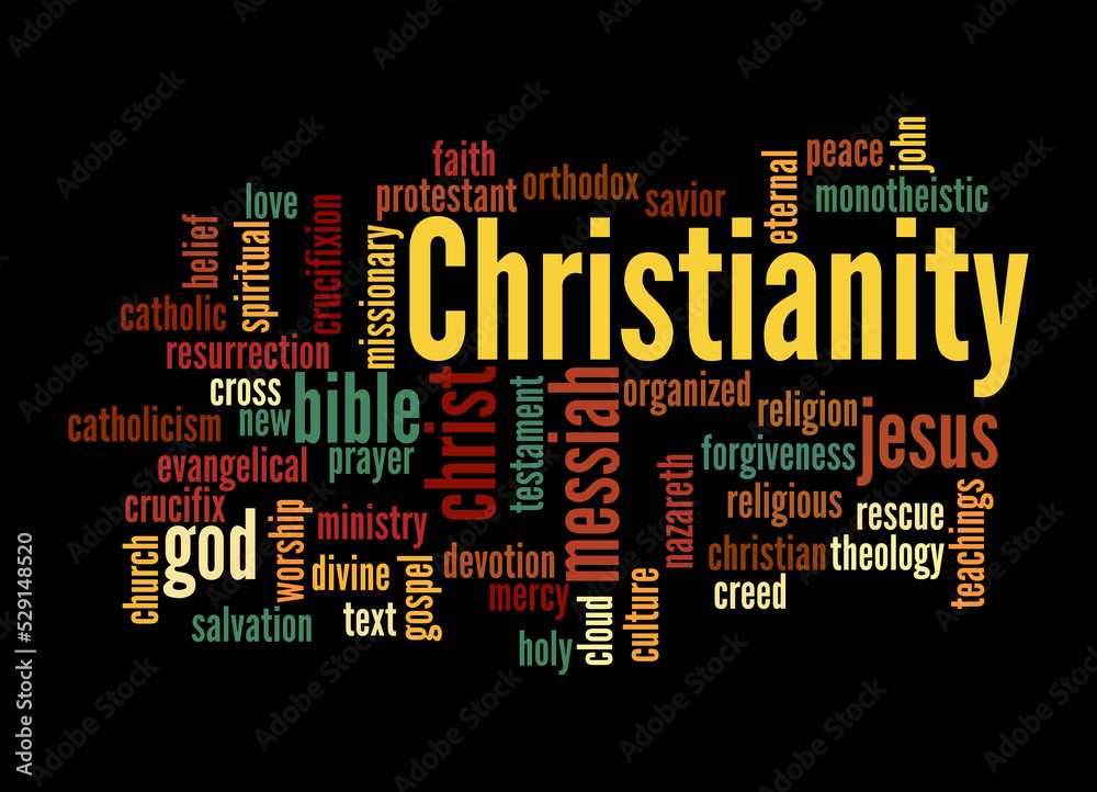 Word Cloud with CHRISTIANITY concept, isolated on a black background Word Cloud with CHRISTIANITY concept, isolated on a black background