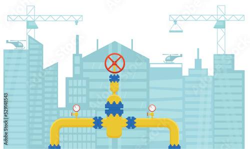 Gas pipeline construction with city skyscraper background. Vector stock illustration isolated on white background for banners, posters with notification and announcement.