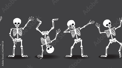 Funny cartoon skeletons making DAB move and dancing hip hop style. Vector illustration. Horizontal seamless banner.