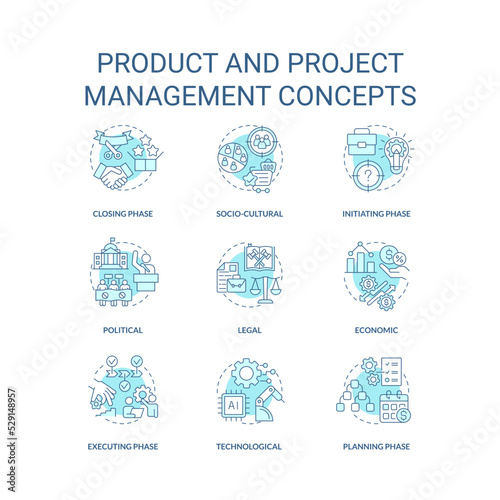 Product and project management turquoise concept icons set. From producing to promotion idea thin line color illustrations. Isolated symbols. Editable stroke. Roboto-Medium, Myriad Pro-Bold fonts used