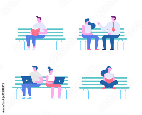 Tiny people silhouette sitting on bench flat vector set