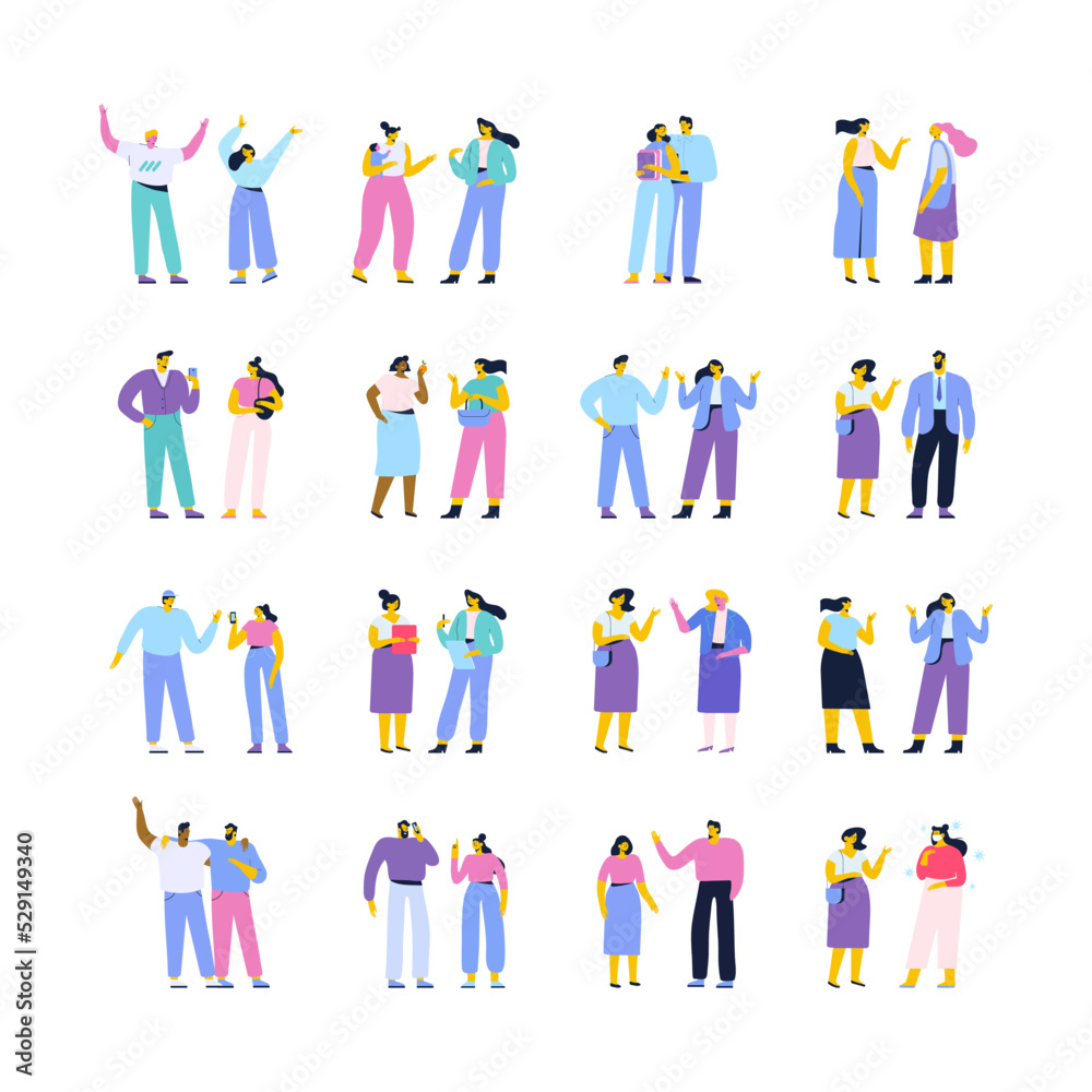 Man and woman, couple talking flat vector set