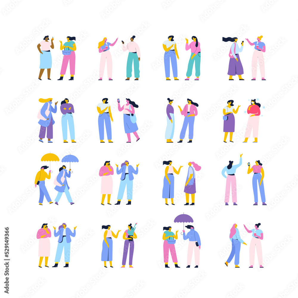Women talking flat vector characters bundle. Dialog, speacking, discussion Women talking flat vector characters bundle. Dialog, speacking, discussion