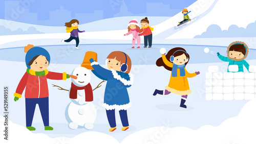 children make a snowman and play snowballs