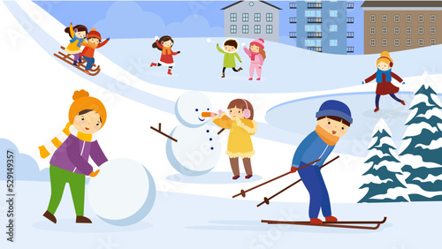 children skiing and making a snowman