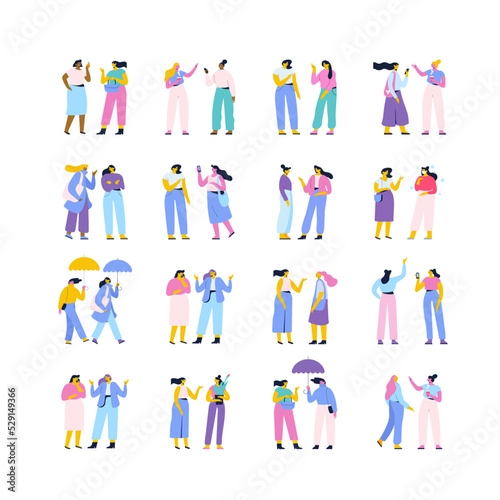 Women talking flat vector characters bundle. Dialog, speacking, discussion