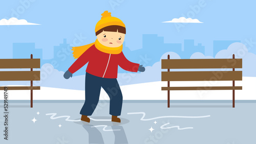 boy walking on slippery pavement