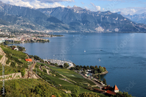 Chexbres - Lavaux vineyards on terraces, UNESCO World Heritage Site, Lake Geneva shore, Lac Leman. One of Switzerland's best-known and most fascinating wine-growing regions. photo