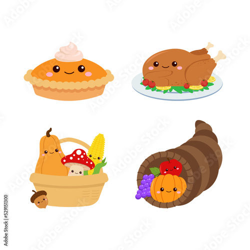 Cute thanksgiving festival food and harvest. Flat vector cartoon design
