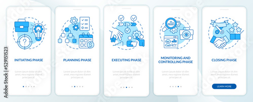 Phases of project management blue onboarding mobile app screen. Walkthrough 5 steps editable graphic instructions with linear concepts. UI, UX, GUI template. Myriad Pro-Bold, Regular fonts used