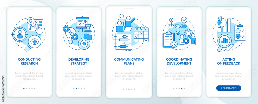 Product management blue onboarding mobile app screen. Business walkthrough 5 steps editable graphic instructions with linear concepts. UI, UX, GUI template. Myriad Pro-Bold, Regular fonts used