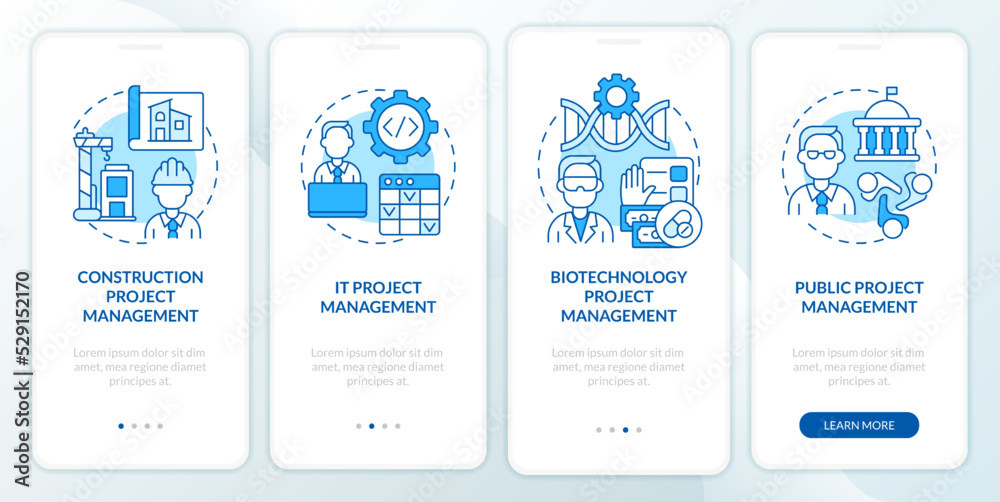 Project management types blue onboarding mobile app screen. Industries walkthrough 4 steps editable graphic instructions with linear concepts. UI, UX, GUI template. Myriad Pro-Bold, Regular fonts used